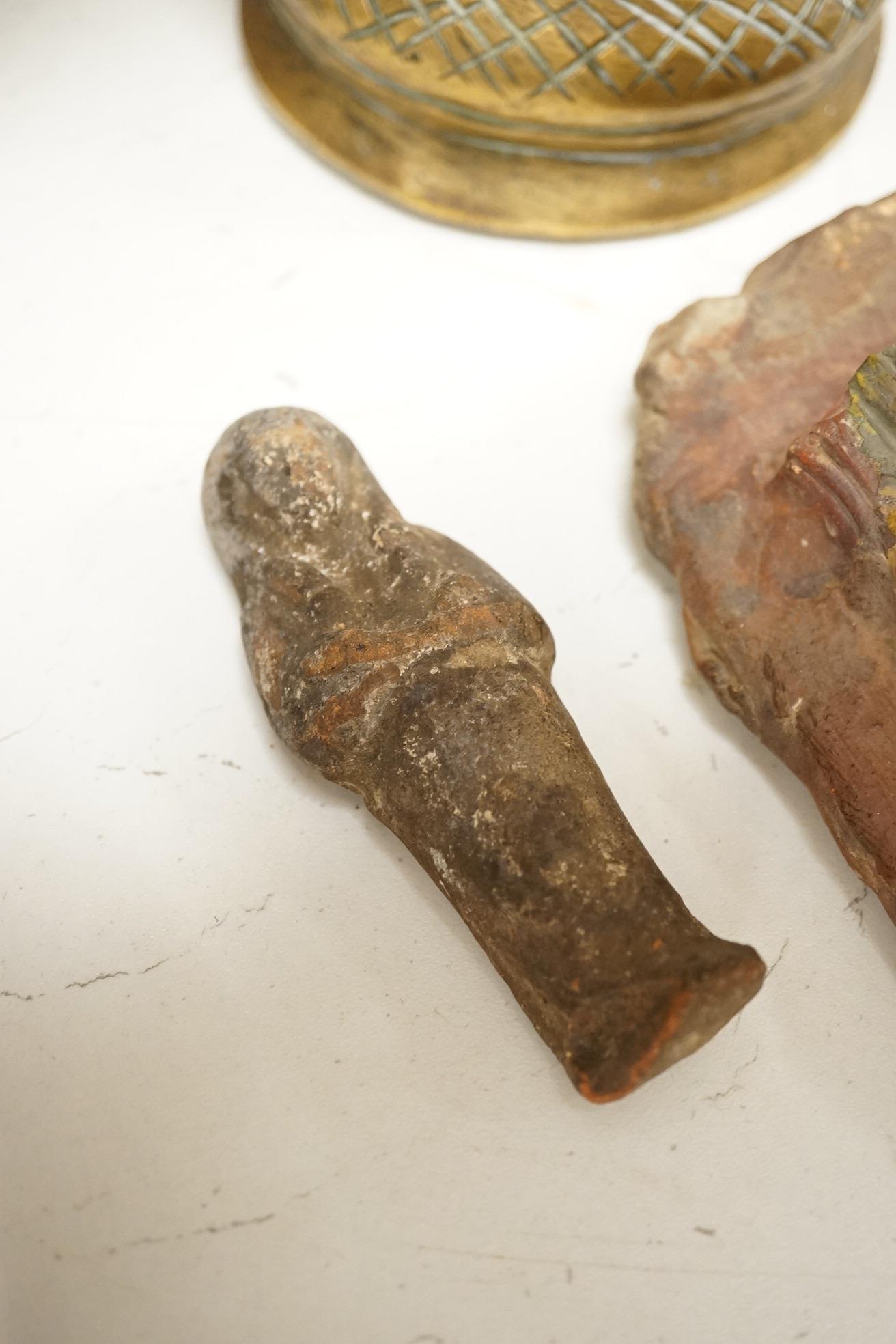 A South-East Asian bronze censer, two Ushabti and an Egyptian painted terracotta mask, 24cm